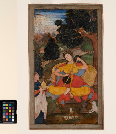 Una mujer sentada toca la vina, atendida por una sirvienta, c.1590 de School Mughal