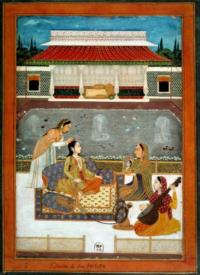 Una princesa india tiene su miniatura de tocador de la Escuela Mughal de 1740 de School Mughal