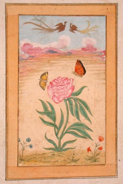 Plantas florecientes con aves del paraíso y mariposas, del Pequeño Álbum Clive de School Mughal