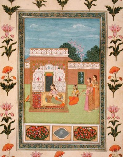 Damas junto a un pabellón, del Pequeño Álbum Clive de School Mughal