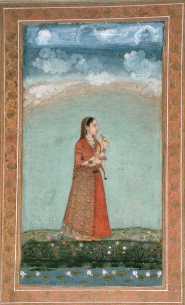 Dama sosteniendo un cuenco de flores de rosa, del Álbum Pequeño Clive de School Mughal