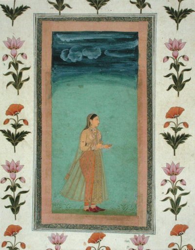 Dama sosteniendo una flor, del Pequeño Álbum Clive de School Mughal