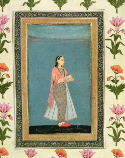 Dama sosteniendo una jarra de vino y una copa, del Gran Álbum Clive de School Mughal