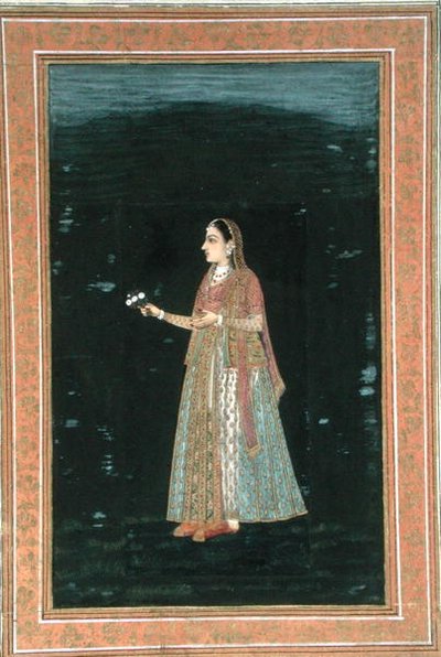 Dama sosteniendo flores, del Pequeño Álbum Clive de School Mughal