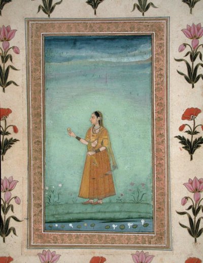 Dama sosteniendo fruta, de pie junto a un estanque de lirios, del Pequeño Álbum Clive, c.1600 de School Mughal