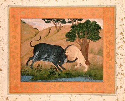 León en combate con un búfalo de agua, del Gran Álbum Clive de School Mughal