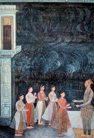 Escena de fiesta nocturna en la corte de Shah Jahan representando al príncipe y cortesanas de School Mughal