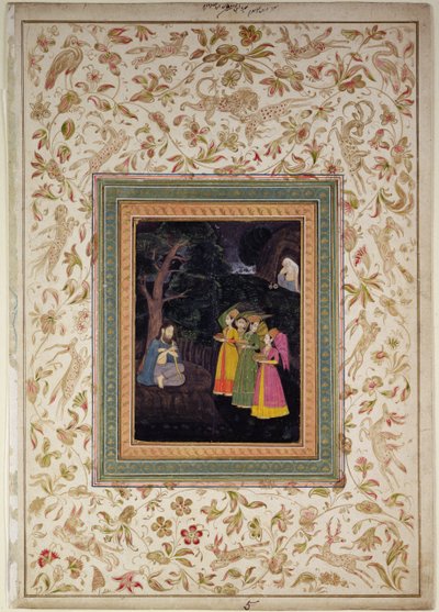 Sultan Ibrahim Adham of Balkh with Angels, Johnson Album VI, no.5, c.1770-80 (gouache con oro en la hoja del álbum) de School Mughal