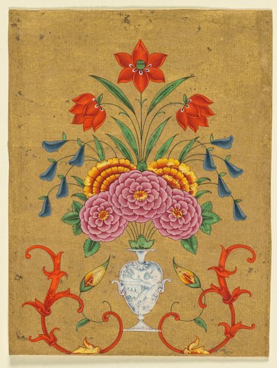 Jarrón con arreglo floral y volutas, c. 1750-1800 (acuarela opaca con oro sobre papel) de School Mughal