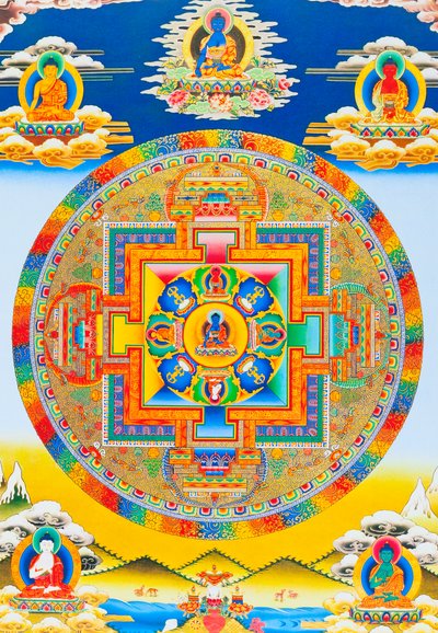 Akshobhya Mandala, que representa al Buda imperturbable en Bhumi Sparsa Mudra con la tierra como testigo de su iluminación (gouache sobre tela) de School Nepalese
