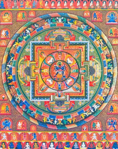 Chakrasambhara Mandala, que representa a la deidad principal Sambhara abrazando a su consorte Vajrabarahi simbolizando la unión de la sabiduría y la práctica para alcanzar la dicha suprema (gouache sobre tela) de School Nepalese