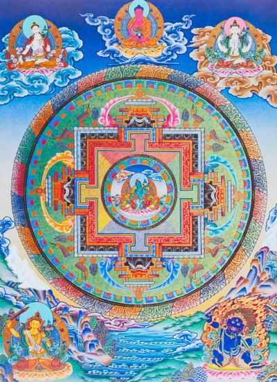 Mandala de Tara Verde que representa a la protectora maternal de todos los peligros en el océano de la existencia (gouache sobre tela) de School Nepalese