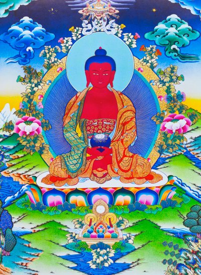 Imagen del Buda Amitabha sentado sobre un loto (gouache sobre tela) de School Nepalese