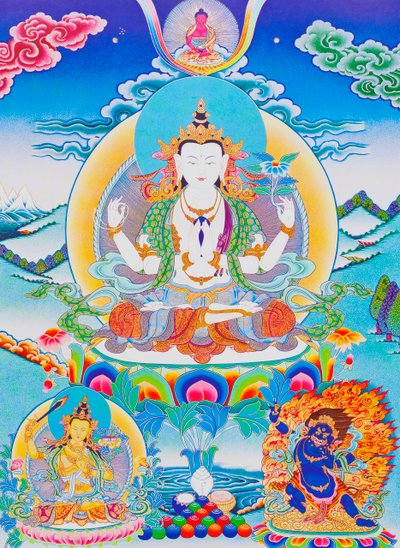 Imagen que representa a Chenresi, el señor de las seis sílabas "Om Mani Padme Hum" (gouache sobre tela) de School Nepalese