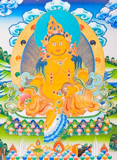 Imagen que representa a Dzambhala, el Dzambhala amarillo es la manifestación del Buda Ratnasambhava que simboliza la riqueza en el mundo materialista (gouache sobre tela) de School Nepalese