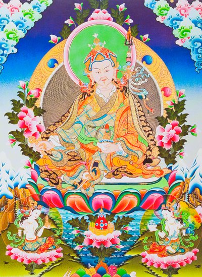 Imagen que representa a Padmasambhava o gurú Rimpoche, el apóstol deificado del tantrismo tibetano que, según se dice, obtuvo el dominio sobre demonios y espíritus (gouache sobre tela). de School Nepalese
