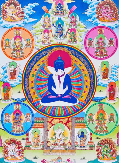 Imagen que representa a Samantabhadra, junto con su consorte, simbolizando la unidad con lo absoluto (gouache sobre tela) de School Nepalese