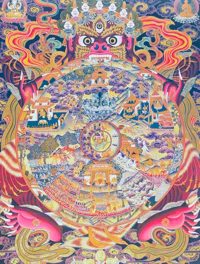 Imagen que representa la Rueda de la vida, representando el Kalachakra o existencia ilusoria sostenida en la boca de Yama, el dios de la muerte que representa el nacimiento, la muerte y el renacimiento (gouache sobre tela) de School Nepalese