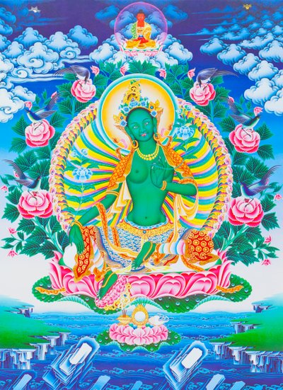 Imagen de la Tara verde, protectora maternal de todos los peligros en el océano de la existencia (gouache sobre tela) de School Nepalese