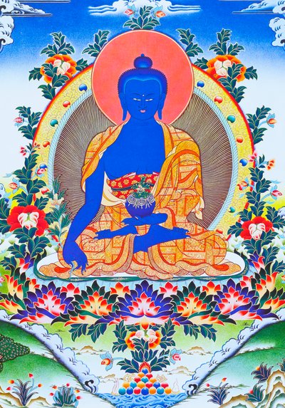 Imagen que representa al Buda de la medicina, el sanador supremo, vestido con túnica monástica y con un cuenco que contiene la planta medicinal arura en la mano izquierda (gouache sobre tela). de School Nepalese