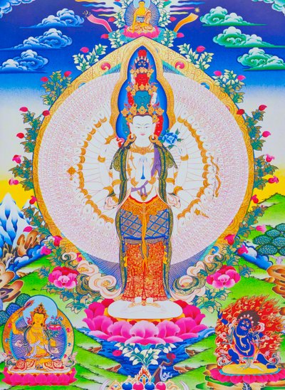 Imagen que representa al Avalokiteshvara de los mil brazos, el Avalokiteshvara de las once cabezas con mil brazos y 1022 ojos que simbolizan la compasión infinita (gouache sobre tela) de School Nepalese