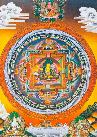Mandala de Manjushree, donde la figura central representa al dios de la sabiduría Manjushree, el legendario creador del valle de Katmandú (gouache sobre tela) de School Nepalese