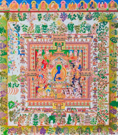 Mandala del Buda de la Medicina, la figura central de Bhaisajyaguru representa al sanador supremo con túnica monástica y un cuenco con plantas medicinales (gouache sobre tela) de School Nepalese
