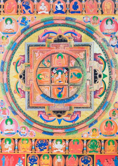Panchabuddha Mandala, que representa cinco formas de Buda que simbolizan cinco tipos de sabiduría (gouache sobre tela) de School Nepalese