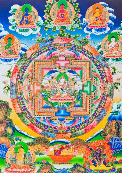 Vajrasattva, Mandala, que representa al Buda tántrico autocreado sin principio ni fin en un abrazo eterno con la sabiduría prajna (gouache sobre tela) de School Nepalese