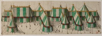 Cotton Augustus III, f.19 Diseño para un Pabellón Real en los colores Tudor de blanco y verde, que se dice que es para Enrique VIII en el Campo de la Tela de Oro de School Netherlandish