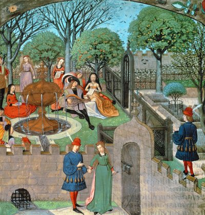 Harl 4425 f.12v Escena del jardín, la amante y dama Oyseuse (Ociosidad) fuera de los muros del jardín, del 