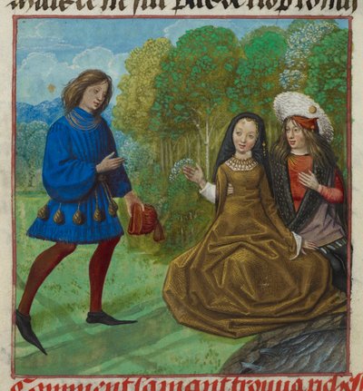 Harley 4425 f.90v The Lover meeting Richesse (Riqueza) del Roman de la Rose de Guillaume de Lorris y Jean de Meun, c. 1490-c. 1500 (vitela) de School Netherlandish