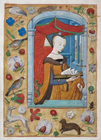Reyes 9, f.62v Encomio a Santa Margarita. La santa, con una cruz en la mano izquierda, se encuentra leyendo bajo un dosel, con un dragón detrás de ella. Bordes de decoración trampantojo con flores y pájaros; al pie, dos perros, entre ellos un galgo de School Netherlandish