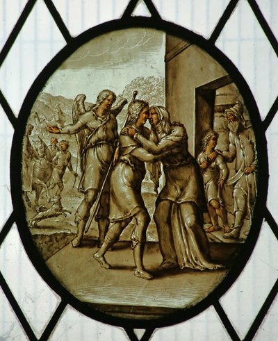 Medallón: Tobías regresa a Sarah (vidriera) de School Netherlandish