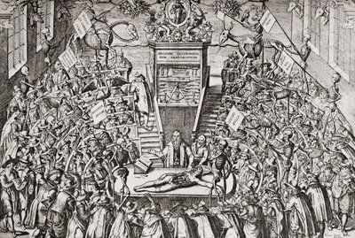 Estudiantes asistiendo a una clase de anatomía en la Universidad de Leiden, de 