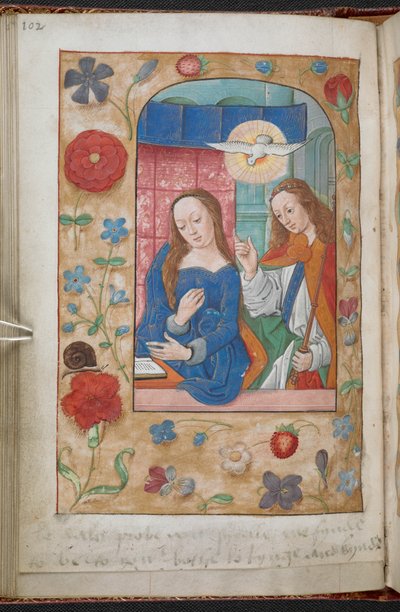 La Anunciación. Una cenefa de flores, frutas, pájaros, insectos, etc., en perspectiva sobre un fondo dorado pálido. Una inscripción (en la mano de Anne Boleyns) está al pie del folio, 