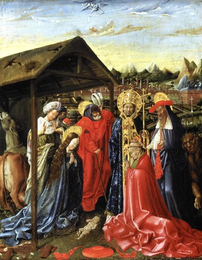 La Natividad con SS. Sixto (?) y Jerónimo y un cardenal (óleo sobre tabla) de School Netherlandish