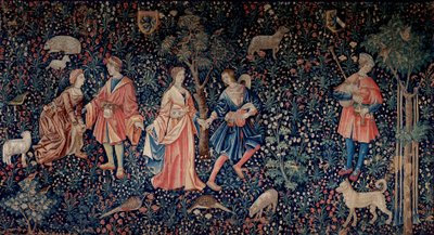 El telón de la Señoría Vida: una escena galante. Tapiz de lana y seda hecho alrededor de 1520 en los Países Bajos de School Netherlandish
