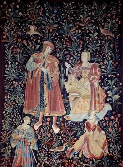 El telón de la Vida Señorial: el concierto Tapiz de lana y seda hecho alrededor de 1520 en los Países Bajos. París, museo nacional de la Edad Media, Termas de Cluny de School Netherlandish