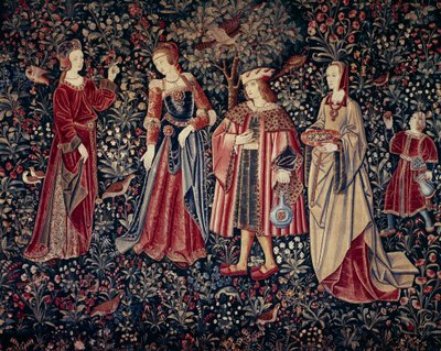 El telón de la vida señorial: el paseo (Tapiz de lana y seda, c.1520) de School Netherlandish