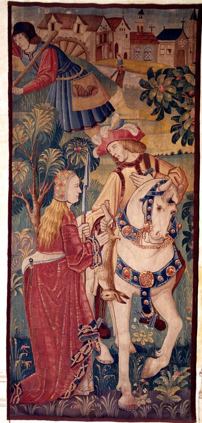 El regreso de la caza. Un caballero ofrece caza a una joven dama. Tapiz de los Países Bajos de School Netherlandish