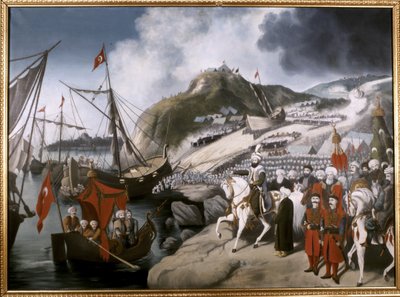 IMPERIO OTOMANO: Lanzamiento de los barcos del sultán Mehmet el Conquistador al Cuerno de Oro durante ... (óleo sobre lienzo) de School Ottoman