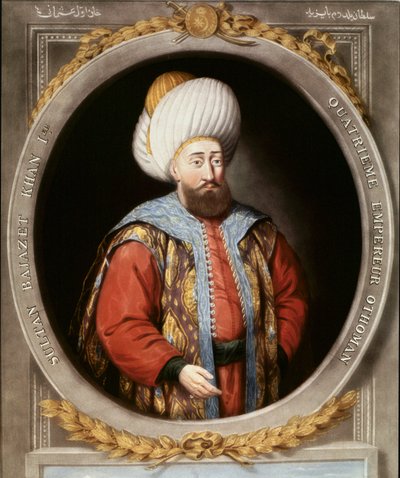Imperio Otomano: retrato del cuarto sultán otomano Bayazid I conocido como Yildirim (el Rayo) (1389-1402). Biblioteca del Topkapi Sarayi Estambul de School Ottoman
