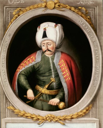 Imperio Otomano: retrato del noveno sultán otomano Selim I, llamado el terrible o el cruel (1470-1520). Miniatura. Biblioteca Topkapi Sarayi Estambul de School Ottoman