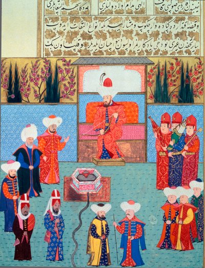 Sultán Orhan I (1281-1360) en su corte. Miniatura del “Hunername” de Lokman, vol. 1 (H 1523, f.7) 1584. Biblioteca del Museo Topkapi Sarayi, Estambul de School Ottoman