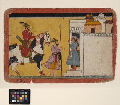 Un príncipe cazador se detiene en la puerta de una casa, c.1700 de School Pahari