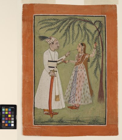 Un gobernante tirando de un mechón de cabello de una dama que se aferra a un árbol, c.1705 de School Pahari