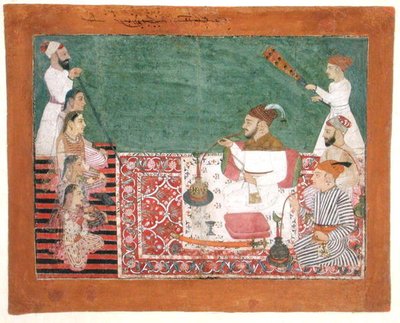 Rajah Deep Chand y amigos fumando una pipa, Bijapur, c.1760 de School Pahari