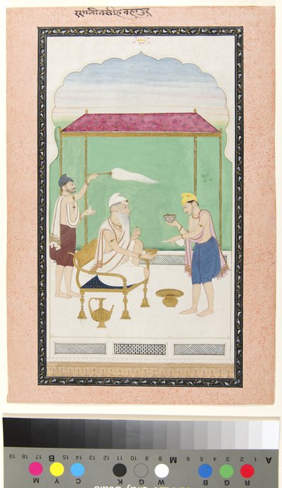 Ranjit Singh sentado en una silla de oro, atendido por un portador de morchal, c.1830 de School Pahari