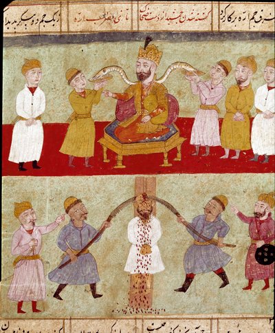 Arte islámico: un rey representa en la parte superior, con sus compañeros serpientes alimentadas por los cortesanos, abajo una escena de tortura de un enemigo. Miniatura persa de un manuscrito del poema épico “Shahnameh” (Libro de los Reyes) de Ferdowsi de School Persian